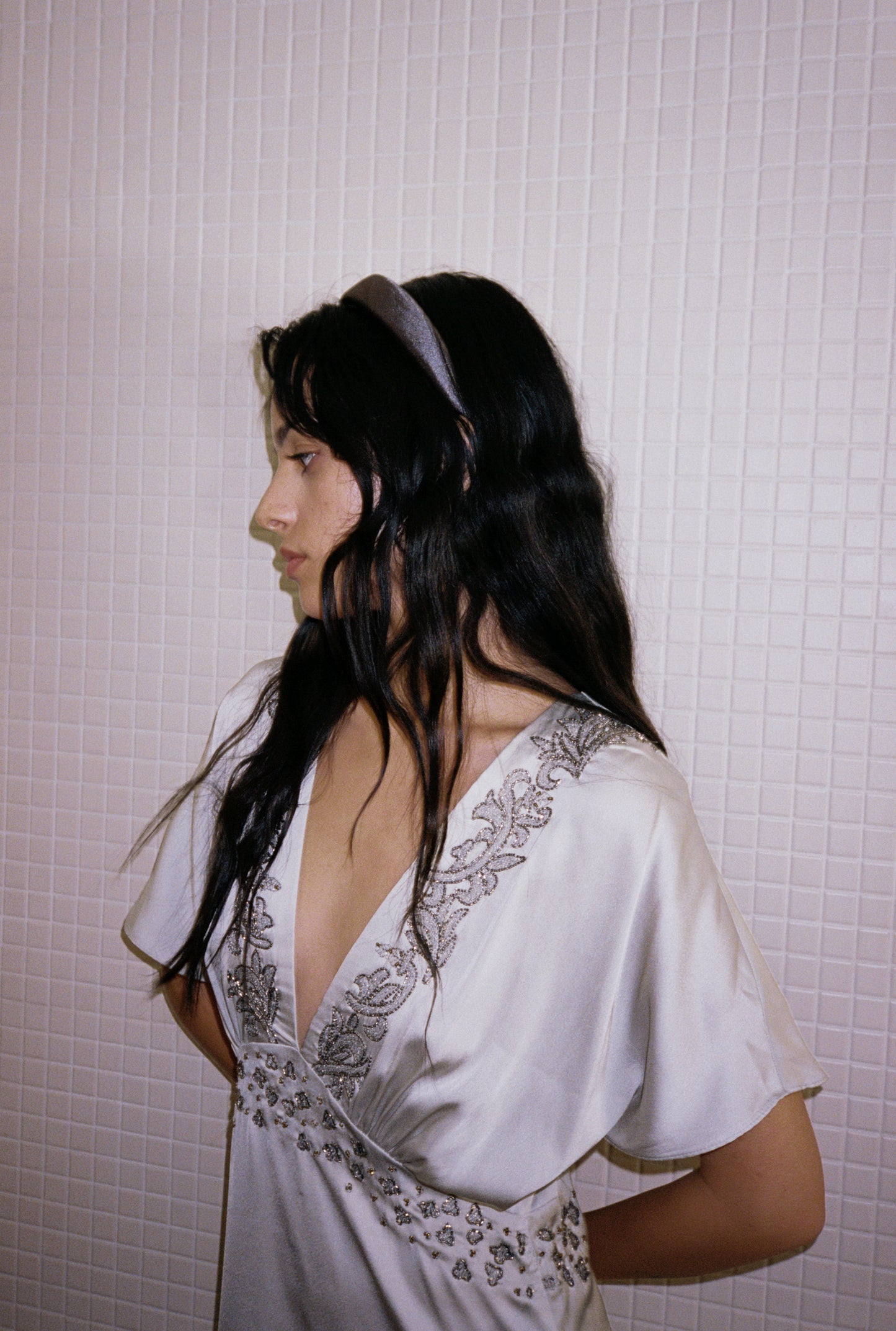 silver satin padded headband